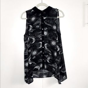 3/$27 Hot Topic Celestial Gothic Sun Moon Print Chiffon Sleeveless Button Up Top